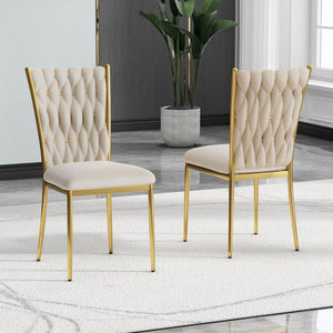 English Elm Modern Velvet Upholstered Dining Chairs with Gold Metal Legs Elegant Set of Two Beige W210P309920