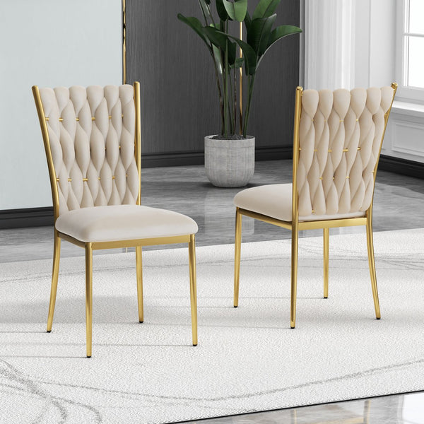 English Elm Modern Velvet Upholstered Dining Chairs with Gold Metal Legs Elegant Set of Two Beige W210P309920
