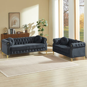 English Elm Velvet Chesterfield Tufted Sofa with Copper Stud Trim and Gold Legs for Glam Living Black W834S00628