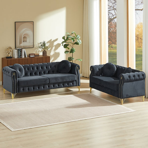 English Elm Velvet Chesterfield Tufted Sofa with Copper Stud Trim and Gold Legs for Glam Living Black W834S00628