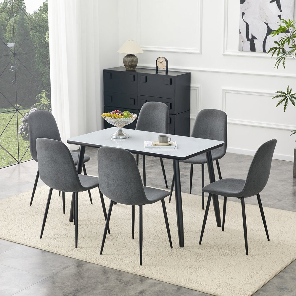 English Elm Table and Chair Set Marble Glass Top with Six Gray Linen Seats Modern Dining W1151S04656
