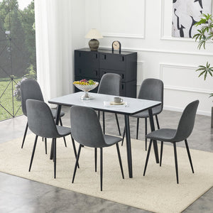 English Elm Table and Chair Set Marble Glass Top with Six Gray Linen Seats Modern Dining W1151S04656