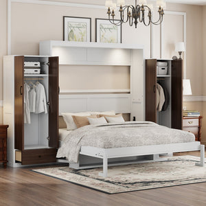 English Elm Queen Murphy Wall Bed with Fold Down Desk Dual Wardrobes and Drawers in White LP000925AAK