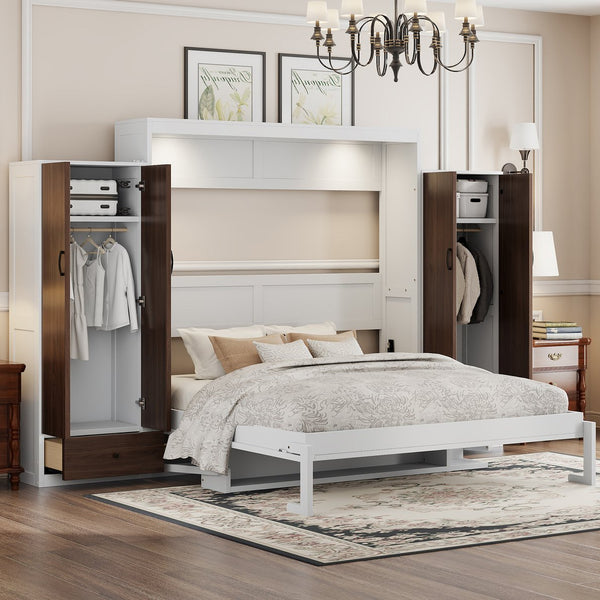 English Elm Queen Murphy Wall Bed with Fold Down Desk Dual Wardrobes and Drawers in White LP000925AAK-1