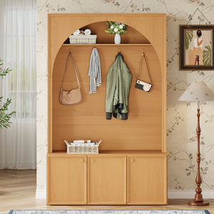 English Elm On-trend Farmhouse Hall Tree Arched Cabinet Storage Bench with Golden Hooks Mudroom Natural N721S000080D