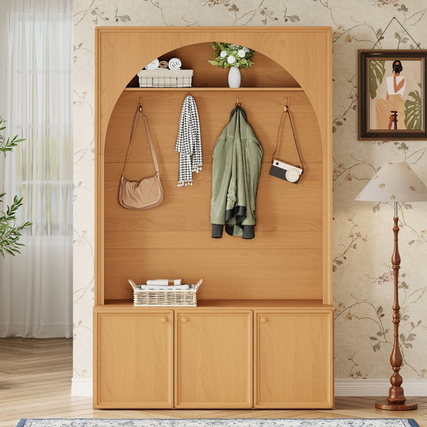 English Elm On-trend Farmhouse Hall Tree Arched Cabinet Storage Bench with Golden Hooks Mudroom Natural N721S000080D