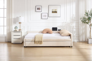 English Elm Upholstered Velvet Daybed with Pull Out Trundle Diamond Tufted Guest Bedroom Sofa Beige W1361S00069