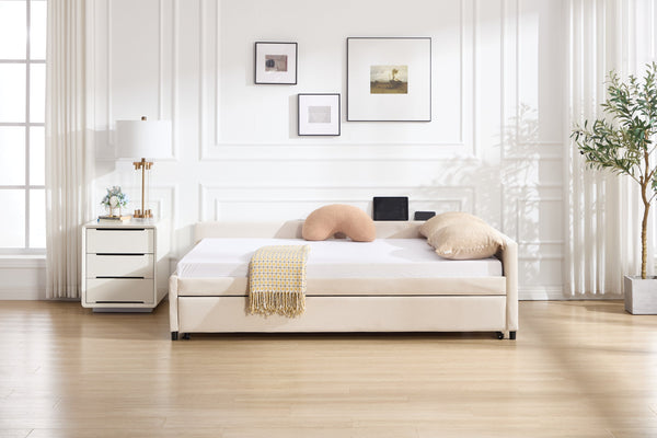 English Elm Upholstered Velvet Daybed with Pull Out Trundle Diamond Tufted Guest Bedroom Sofa Beige W1361S00069