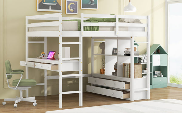 English Elm Full Size Loft Bed Pine Wood Frame with Desk Four Drawers and Shelves in White SM000320AAK-1
