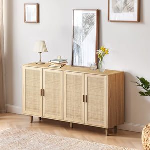 English Elm 62.20"Elegant 4-Door Rattan Storage Cabinet with Solid Wood Legs, Spacious Shelves & Easy Assembly Natural W757P190066