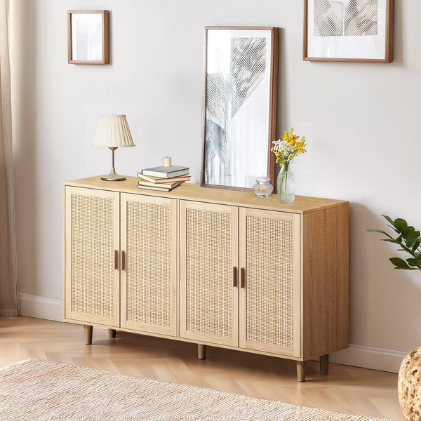 English Elm 62.20"Elegant 4-Door Rattan Storage Cabinet with Solid Wood Legs, Spacious Shelves & Easy Assembly Natural W757P190066