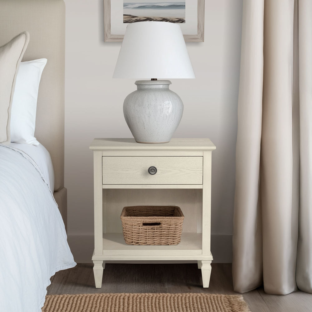 JLA Home Madison Park Signature - one-drawer wood nightstand with shelf — timeless tapered-leg bedside table, hand-finished grain, smooth drawer storage Antique Cream MPS136-0313