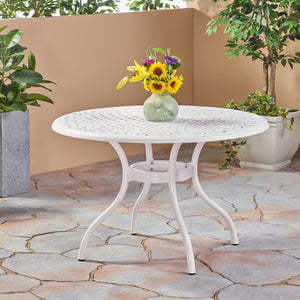 English Elm Christopher Knight Home® - PHOENIX Cast Aluminum 48in Round Patio Dining Table with Lattice Scrollwork and Umbrella Hole White 49.25 L x 49.25 W x 5.25 H 54588.00WHI