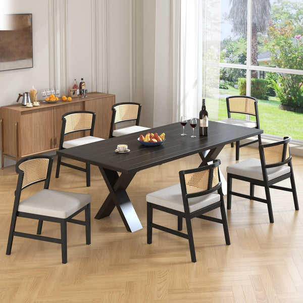 English Elm Rattan Back Armless Dining Chairs Upholstered Seat Rubberwood Frame Kitchen Set of 2 Black+Beige N842P400687B