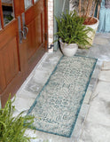 Unique Loom Outdoor Aztec Coba Machine Made Border Rug Teal, Ivory/Gray 2' 7" x 12' 0"