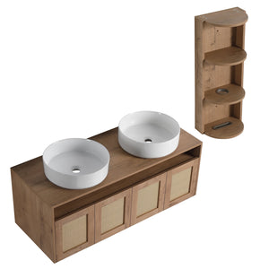 English Elm 48" Floating Bathroom Vanity Dual Ceramic Vessel Sinks Oak Finish Soft Close Doors W999S00504