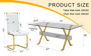 English Elm Table Elegant Transparent Glass Dining Set - 71"X35.4" With 8 White Pu Chairs & Golden Legs W1151S02360-GIGA