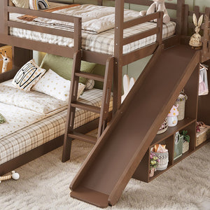 English Elm Twin Over Full Playhouse Bunk Bed with Slide Ladder Storage Shelves and Wardrobe Antique Natural W5305S00041