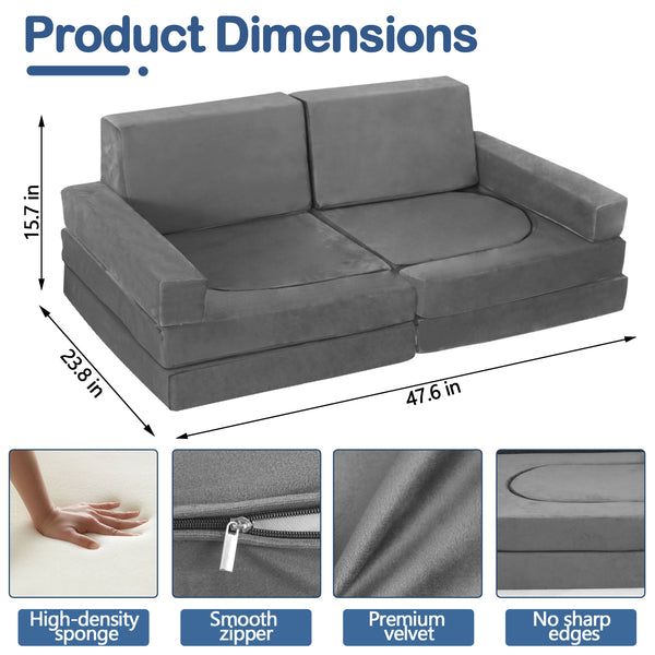 English Elm 12 Piece Modular Foam Play Couch Set Velvet Convertible Sofa Fort for Kids Playroom Dark Gray T5880P493412