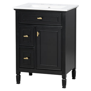 English Elm 24-Inch Bathroom Vanity with Sink, Solid Wood & MDF, Ceramic Top, Gold Handles, Flip Drawer Design Black N725P350824B