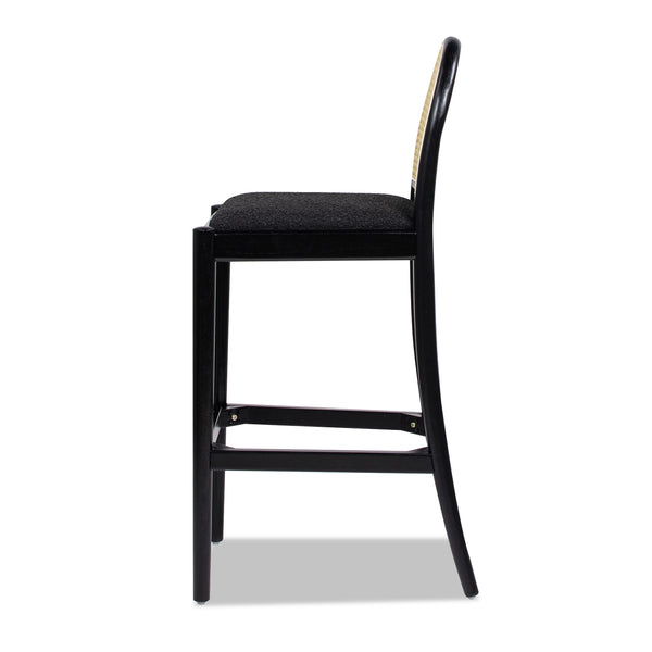 English Elm Jennifer Taylor Home - Panama 30.5" Curved Back Cane Rattan Bar Stool with Oak Frame, Boucle Upholstery & Brass Footrest Black B2719P238386