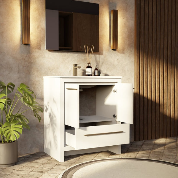 English Elm White Bath Vanity 30" W X 20" D With Cultured Marble Top & Gun Metal Faucet For Elegant Storage B2731P259332-GIGA