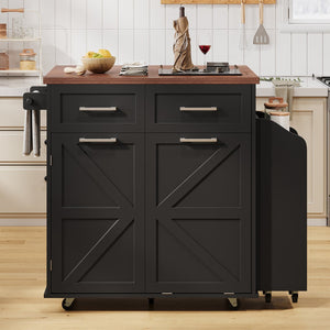 English Elm K&K 47.2" Farmhouse Kitchen Island with Drop Leaf, Removable Side Shelf, Trash Cabinet, Wheels Black N707P307296B