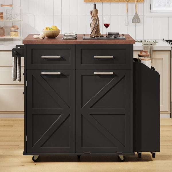 English Elm K&K 47.2" Farmhouse Kitchen Island with Drop Leaf, Removable Side Shelf, Trash Cabinet, Wheels Black N707P307296B