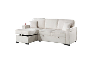 English Elm Convertible Corduroy Sectional Sofa with Reversible Chaise, Hidden Storage, USB Port & Pull-Out Bed Beige 60 L x 30 W x 19 H B011S01244