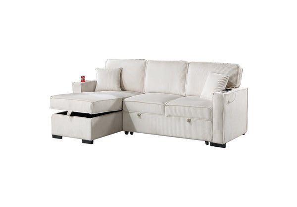 English Elm Convertible Corduroy Sectional Sofa with Reversible Chaise, Hidden Storage, USB Port & Pull-Out Bed Beige 60 L x 30 W x 19 H B011S01244