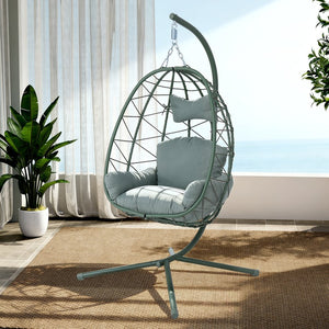 English Elm Hanging Egg Swing Chair Pe Wicker Foldable Frame with Cushion for Patio or Bedroom T5880P497576