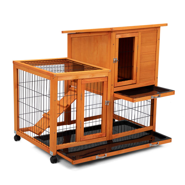 English Elm Detachable Two-tier Pine Rabbit Hutch with Rolling Casters and Removable Waste Trays Orange W2181P190616