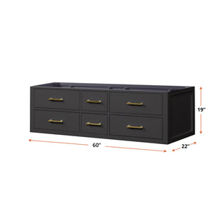 English Elm Black Double Bath Vanity - 60" W X 22" D, Midcentury Modern Design With Soft-Close Drawers & Storage B2731P258029