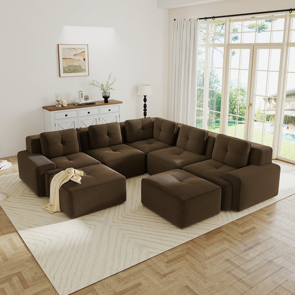 English Elm Modular Corduroy Sectional Sofa V Shaped 5 Seat Living Room Couch with Ottoman Brown W714S01577