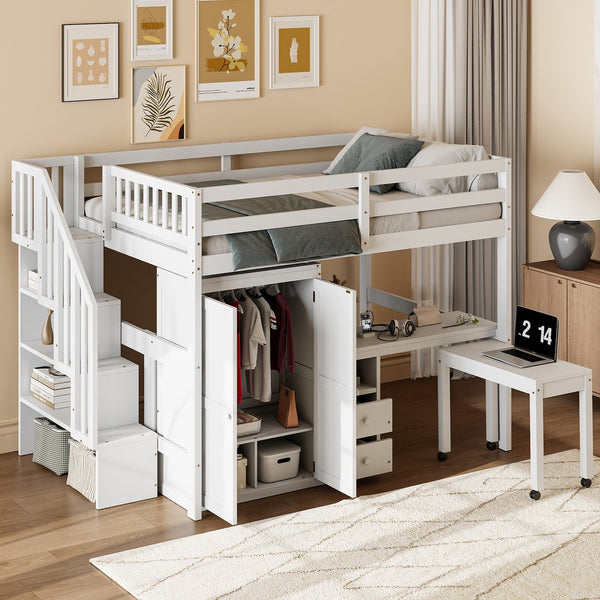 English Elm Queen Murphy Bed with Integrated Desk Cabinet Shelves Space Saving Studio Solution White N708S00014K