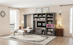 English Elm Twin Murphy Wall Bed with Integrated Tv Stand Open Shelving and Cabinet Storage LP000768AAE