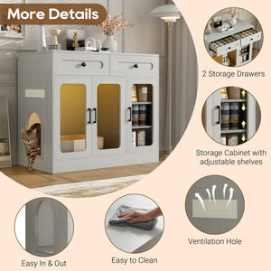 English Elm Cat Litter Box Cabinet with Glass Doors Led Light Drawers and Wood Grain Finish Gray N704P395520E