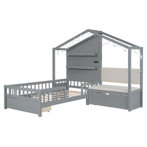 English Elm Twin House Bed Frame with Sofa Seating Led Lighting Drawers and Wireless Charging LP000521AAE-1