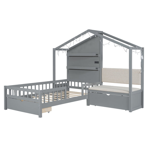 English Elm Twin House Bed Frame with Sofa Seating Led Lighting Drawers and Wireless Charging LP000521AAE-1
