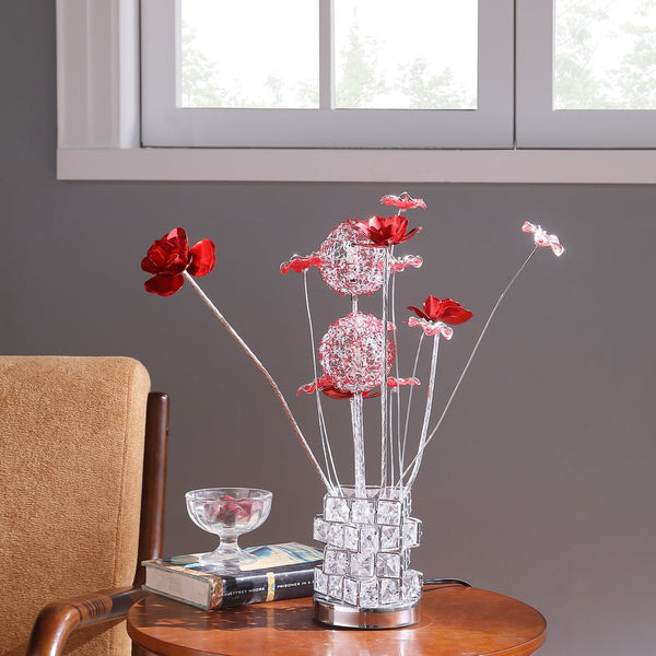 English Elm Aluminum 4 Red Roses Table Lamp With Hexagonal Chrome Vase - Modern Led Decor For Living Spaces B072P220156