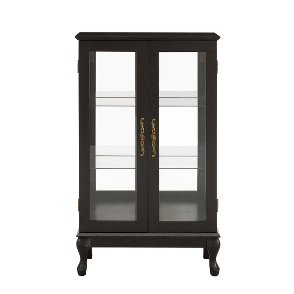 English Elm Curio Cabinet with Lighted Tempered Glass, Mirrored Back, Adjustable Shelves, Vintage Handle — Black W2275P389705