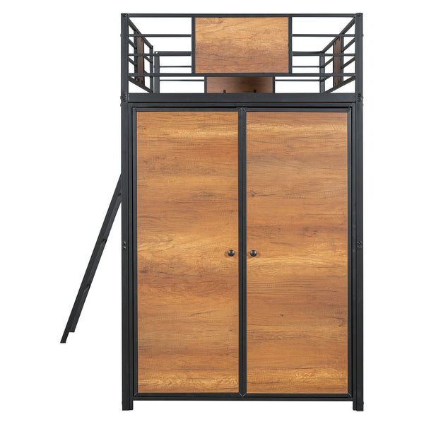 English Elm Twin Loft Bed with L-Shaped Desk and Wardrobe — Space-Saving Iron & Wood Design for Study & Storage Black SF000168AAB