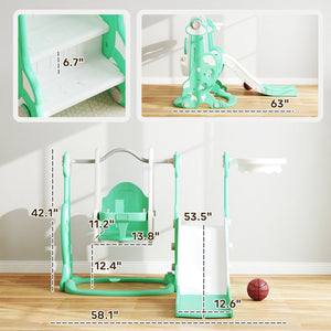 English Elm Kids Rocket Themed 4 in 1 Indoor Play Set with Slide Swing Climber and Basketball Green T3971P439482