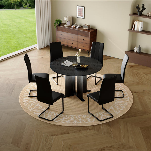 English Elm Round Mdf Dining Table with Gradient Cross Base Compact Modern Seating for Small Spaces Black W3875S00029