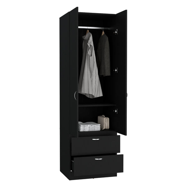 English Elm Vico 76" High Armoire Wardrobe Closet with Hanging Rod, 2 Drawers, Shelves — Black Engineered Wood Organizer B200P188837