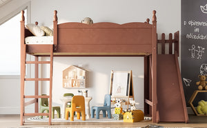 English Elm Queen Solid Pine Loft Bed with Wardrobe Shelves Detachable Slide and Dual Sleeping Zones Antique Natural W5305S00030