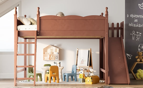 English Elm Queen Solid Pine Loft Bed with Wardrobe Shelves Detachable Slide and Dual Sleeping Zones Antique Natural W5305S00030