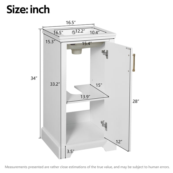 English Elm 16-inch French Bathroom Vanity with Ceramic Undermount Sink, Soft-Close Door, Vintage Carvings, White N710P330979K