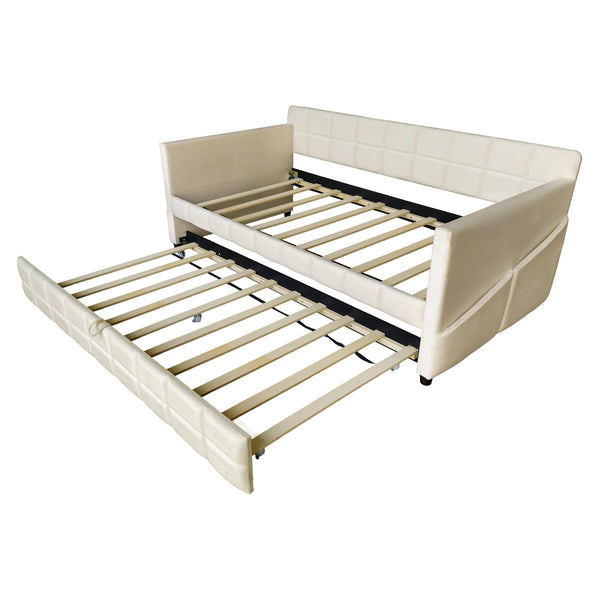 English Elm Modern Velvet Twin Daybed with Pull Out Trundle and Built in Armrest Storage Pockets Beige SF000200AAA
