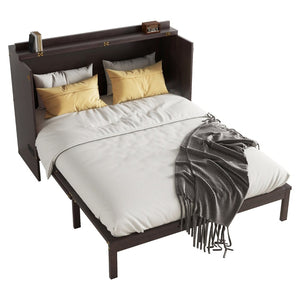 English Elm Queen Size Murphy Bed – Elegant Pine Wood Cabinet With Power Station & Rattan Accents, Espresso Finish W504S00235-GIGA